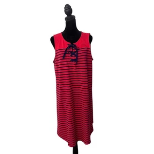 Talbots Striped Lace Up Dress Size L Red Blue Sleeveless Preppy Nautical Cotton - Picture 1 of 9