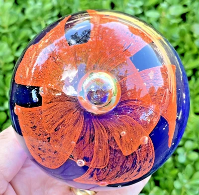 Vintage Art Glass Floral Paperweight Bubbles Orange Cobalt Blue Round Glass Orb - Image 1 of 4