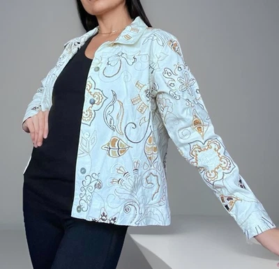 复古 Laura Ashley 串珠刺绣花卉象牙色牛仔夹克小号中号 — 第 1/4 张图片