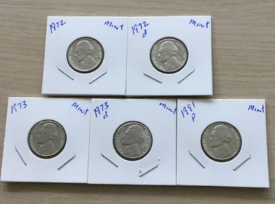 5 Jefferson Nickels 1972pd,1973pd1981p(14P16-20) Uncirculated from US mint sets - Image 1 of 4