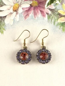 Pink Purple Rhinestone Dangle Drop Gold Earrings Womens Handmade Artisan Jewelry - Picture 1 of 3