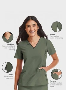 Top para mujer Maevn 4510 Matrix Impulse contraste cuello en V 3 bolsillos tallas XXS a 3XL - Imagen 1 de 25