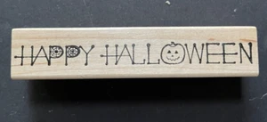 Happy Halloween Fall Holiday Symbols Greeting Phrase Wood Rubber Stamp - Picture 1 of 2