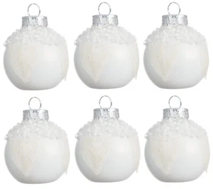 Small White Blown Glass Ornaments with Bead and Leaf Details, Set of 6 Christmas - Picture 1 of 5