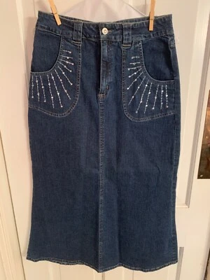 Damas Studio West Apparel Azul Oscuro Denim Diamante Bordado Bolsillos Falda 8 Foto 1 de 3