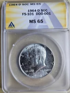 1964 D Kennedy Half Dollar ANACS MS65 FS-101 50c DDO Double Die Uncirculated 870 - Picture 1 of 4