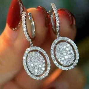 1.50CTW Round Cut Certified Moissanite Drop Dangle Earning 14k White Gold Plated - Picture 1 of 3