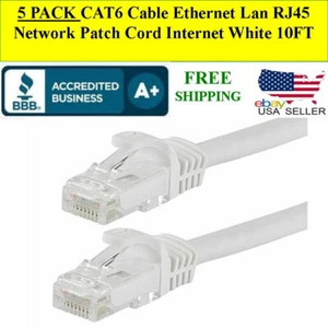 5 PACK CAT6 Cable Ethernet Lan RJ45 Network Patch Cord Internet WHITE 10FT - Picture 1 of 3