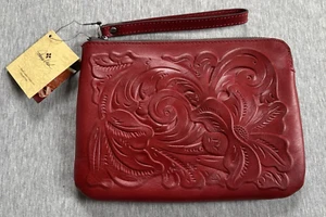 PATRICIA NASH Wristlet Clutch Purse Cassini LAVA RED Floral Tooled Leather NWT - Picture 1 of 9