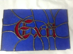 ~ Unique & Antique Stained Glass EXIT Sign Gothic Script Blue & Red 11.5 x 7.25" - Picture 1 of 10