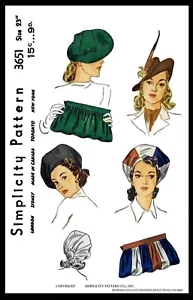 Simplicity 3651 Pattern BERET Hat Bag 1940's UN-PRINTED Medium - Picture 1 of 5