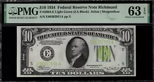 1934 $10 Federal Reserve Note Richmond FR.2004-E Light Green Seal - PMG 63 EPQ - Picture 1 of 2