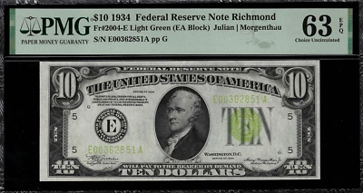 1934 $10 Federal Reserve Note Richmond FR.2004-E Light Green Seal - PMG 63 EPQ - Image 1 of 2