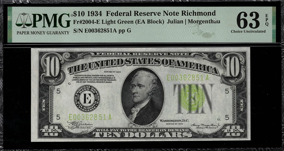 1934 $10 Federal Reserve Note Richmond FR.2004-E Light Green Seal - PMG 63 EPQ - Image 1 of 2