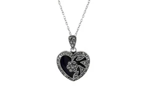 925 Sterling Silver Genuine Marcasite Heart CZ Pendant Necklace - 18" - Picture 1 of 1