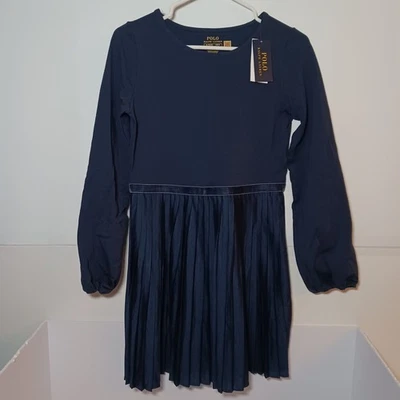 Polo Ralph Lauren Plaid Trim Pleated Jersey Dress Youth Girls Sz 16 Blue - Image 1 of 4