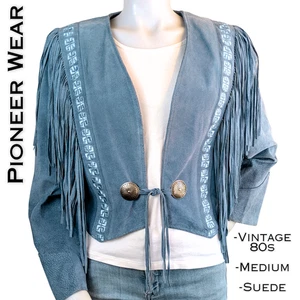 80s Pioneer Wear Western Cowgirl Fringed Embroidered Blue Suede Crop Jacket Med - Picture 1 of 10