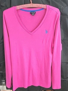 U.S. Polo Assoc Womens Large Bright Pink Vneck Long Sleeve Cotton Tee Blue Pony - Picture 1 of 6