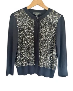 St. John Seide & Kaschmir Strickjacke + Hand Perlen Panel Pailletten schwarz gold klein - Bild 1 von 21