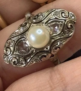 Art deco Antiker Ring Diamantring Diamant echte Perle Gelbgold - Bild 1 von 15