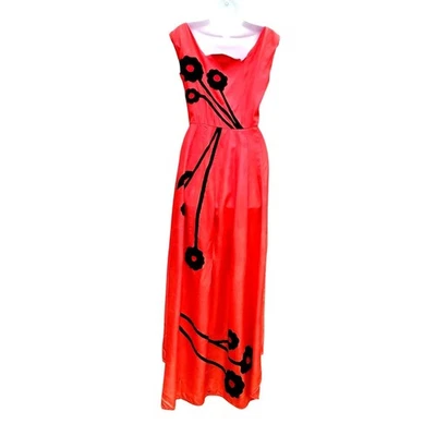 Maxi Vestido Vintage Años 30 Estilo Rojo Naranja Acetato Talla S Negro Apliques Baile de graduación Foto 1 de 4