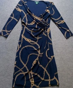 Lauren Ralph Lauren Dress Women's 4 Gold Chain Link Equestrian Print Stretch EUC - Picture 1 of 8
