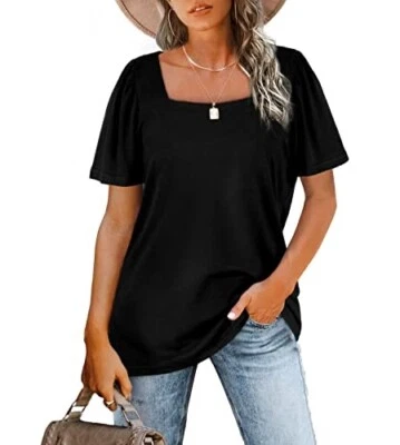 Women's Square Neck T Shirts Puff Sleeve Summer Casual Tee Black Size L - Image 1 of 4