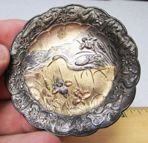 Vintage orientalischer Stil Metall Mini Untersetzer, Kranich & Wildnis Szene, Japanisch? - Bild 1 von 3