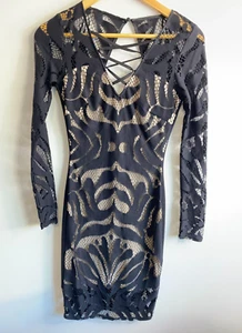 Lipsy London Dress Women Size 6 Black Lace Trim Long Sleeve Bodycon V-Neck Lined - Picture 1 of 19