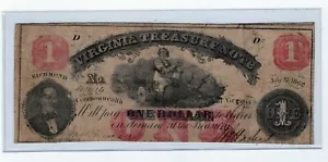 1862 Civil War Era Virginia Treasury Obsolete Note $1 Dollar - Plate D^ - Picture 1 of 3