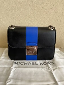 Michael Kors Women's Sloan Editor Center Stripe Chain Shoulder Bag Black/Blue - Picture 1 of 10