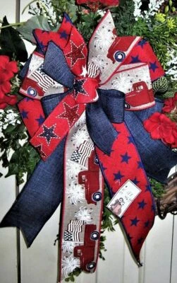 JULY 4th MEMORIAL DAY TRUCK BOW WIRED RIBBON  for DOOR WREATH MAIL # 183 rb - Image 1 of 2