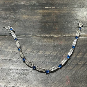 Sterling Silver~Modern~Blue & White stone Tennis Bracelet~14.7g~7.5” - Picture 1 of 10