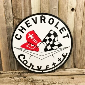 Chevrolet Chevy Corvette Embossed Metal Tin Sign Round 12" Vintage Garage New - Picture 1 of 2