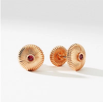 Magnificent Bezel Set Red Ruby In 10K Yellow Gold Men's Fluted Cufflinks - Image 1 of 4