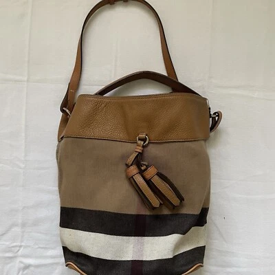Burberry Women  Ashby Bucket Bag Check Canvas Leather Trim Medium Sz Classic Org - Image 1 of 4