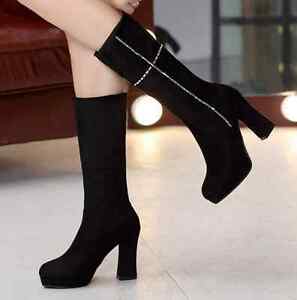 Womens Pull On Mid-Calf Boots Winter Velvet Slim Leg Shoes Block Heel Platform 