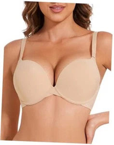 Push Up Padded Plunge Bra Add Cup Size Seamless Underwire T-Shirt Deep 34A Nude - Picture 1 of 7