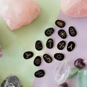 Wooden Rune Stones Set of 13 Pieces Engraved Runes Witches Meditation Black Wood - Picture 1 of 6