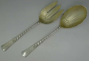 GORHAM COLONIAL STERLING SILVER GILT SALAD SERVING SET SCALOPPED 10 1/2" LOWEST  - Picture 1 of 9
