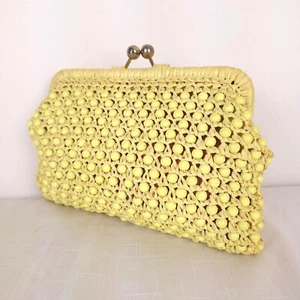 VINTAGE WALBORG Yellow Beaded Clutch Bag 60s Italian Barbie Purse Straw Handbag - Picture 1 of 13