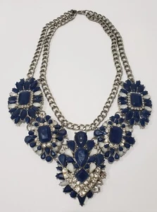 Womens Chunky Silver Tone Rhinestone / Acrylic Blue Gems Bib Statement Necklace - Picture 1 of 7