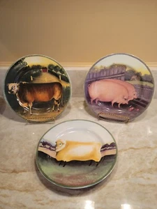 Country Farm Stoneware Plates 1995 Sheep Cow Pig Block Indonesia 8" - Picture 1 of 7