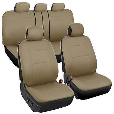 Car Seat Covers Front/Rear + Leather Steering Wheel Cover Universal Tan Beige - Image 1 of 4
