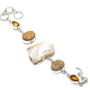 Natural Blister Pearl, Citrine Gemstone 925 Sterling Silver Bracelet 7-8" a961 - Picture 1 of 6