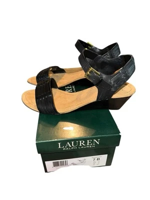 Sandalias de cuña Lauren Ralph Lauren 7 B para mujer de cuero con cordones Latrice negras Foto 1 de 4