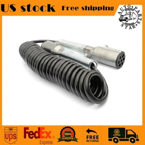 7 Way ABS 12' Trailer Coil Coiled Cord Electric Tractor Power Cable Black - Picture 1 of 6