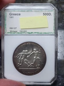 GREECE SILVER 1981 500 Drachmas in OLD PCI Holder! Ancient Relay Runners - Picture 1 of 3