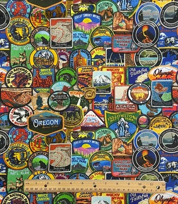 Fabric National Park Patches Multi Color Travel Rare OOP 100% Cotton Quilt 25" - Image 1 of 2