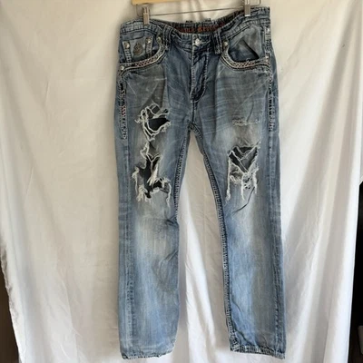 Pantalones de mezclilla para hombre Rock Revival "Alfred" puntada roja inserción de cuero rectos para hombre 36 X 32 Foto 1 de 4